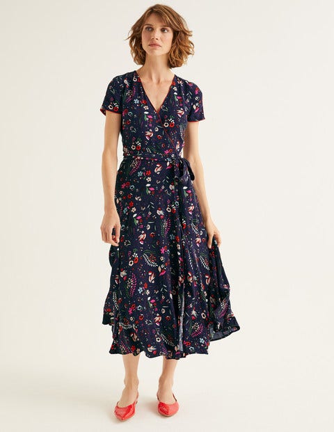 Natasha Midi-Wickelkleid - Französisches Navy, Skurrile Vögel Natasha Midi-Wickelkleid - Französisches Navy, Skurrile Vögel