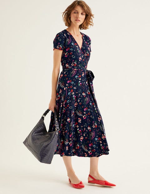 Natasha Midi-Wickelkleid - Französisches Navy, Skurrile Vögel Natasha Midi-Wickelkleid - Französisches Navy, Skurrile Vögel