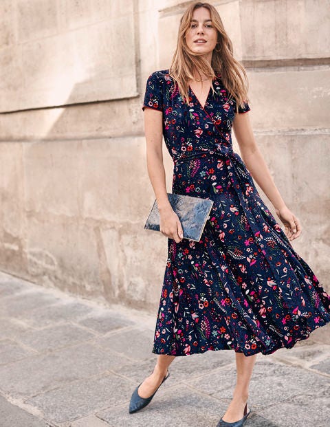 Natasha Midi Wrap Dress French Navy Whimsical Bird Boden Us