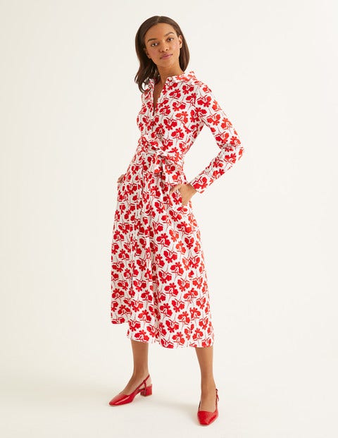 Isodora Midi Shirt Dress - Post Box Red, Petal Sprig Isodora Midi Shirt Dress - Post Box Red, Petal Sprig