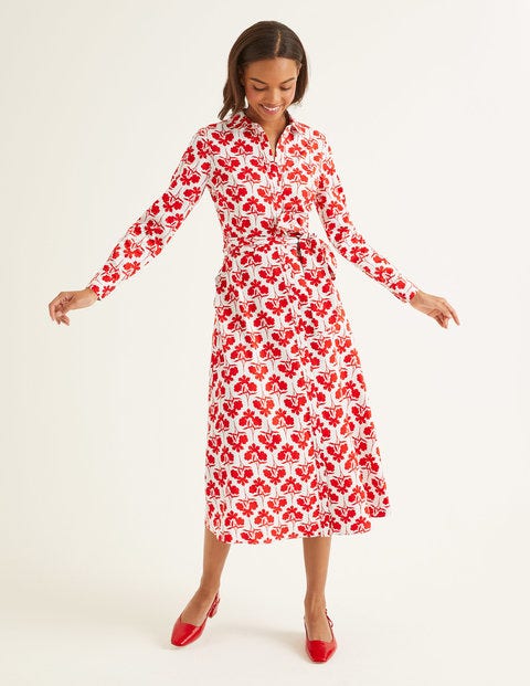 Isodora Midi Shirt Dress - Post Box Red, Petal Sprig Isodora Midi Shirt Dress - Post Box Red, Petal Sprig