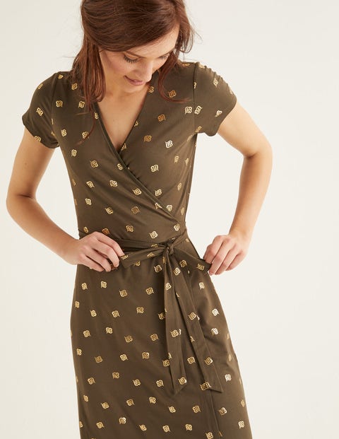Summer Wrap Dress - Classic Khaki, Scattered Petal Summer Wrap Dress - Classic Khaki, Scattered Petal