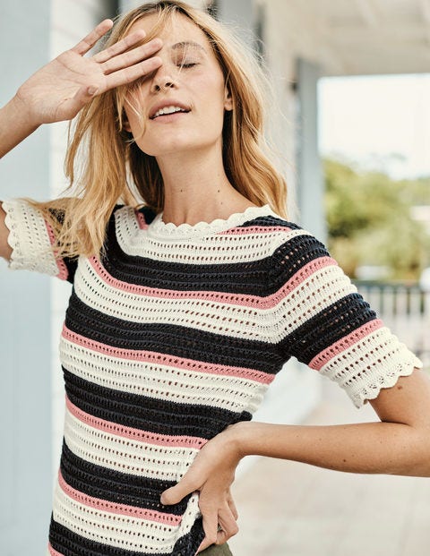 Corrina Knitted Tee - Ivory, Navy and Pink Stripe