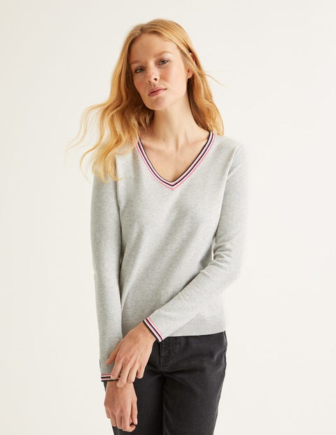 Elina V-Neck Jumper - Grey Melange/Multi Tipping Elina V-Neck Jumper - Grey Melange/Multi Tipping