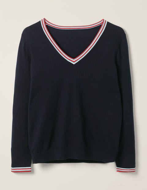 Elina V-Neck Jumper - Navy/Multi Tipping Elina V-Neck Jumper - Navy/Multi Tipping