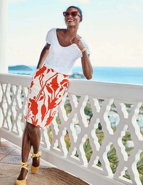 Printed Cotton A-Line Skirt - Ivory & Red Pop Jungle Vine Printed Cotton A-Line Skirt - Ivory & Red Pop Jungle Vine