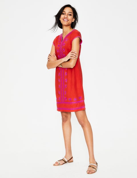 Bea Linen Embroidered Dress - Red Pop Bea Linen Embroidered Dress - Red Pop