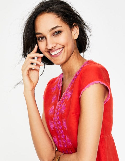 Bea Linen Embroidered Dress - Red Pop Bea Linen Embroidered Dress - Red Pop
