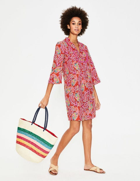 Evangeline Linen Tunic - Red Pop. Mexican Paisley Evangeline Linen Tunic - Red Pop. Mexican Paisley