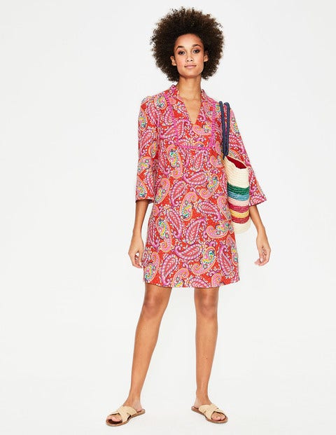 Evangeline Linen Tunic - Red Pop. Mexican Paisley Evangeline Linen Tunic - Red Pop. Mexican Paisley