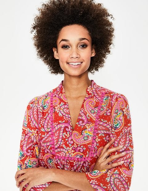 Evangeline Linen Tunic - Red Pop. Mexican Paisley Evangeline Linen Tunic - Red Pop. Mexican Paisley