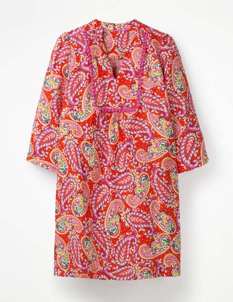 Evangeline Linen Tunic - Red Pop. Mexican Paisley Evangeline Linen Tunic - Red Pop. Mexican Paisley