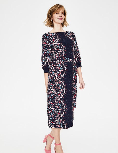 Ferne Midikleid - Navy & Knalliges Rot, Blumenranken Ferne Midikleid - Navy & Knalliges Rot, Blumenranken