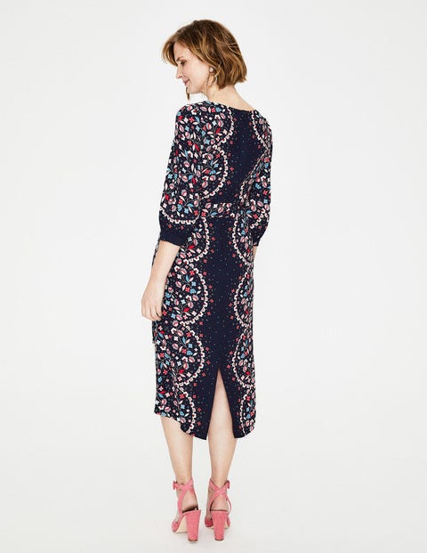 Ferne Midikleid - Navy & Knalliges Rot, Blumenranken Ferne Midikleid - Navy & Knalliges Rot, Blumenranken