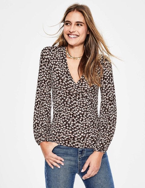 Elodie Jersey Wrap Top - Black Crocus Flower Elodie Jersey Wrap Top - Black Crocus Flower