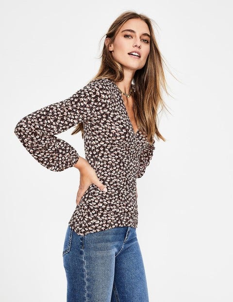 Elodie Jersey Wrap Top - Black Crocus Flower Elodie Jersey Wrap Top - Black Crocus Flower