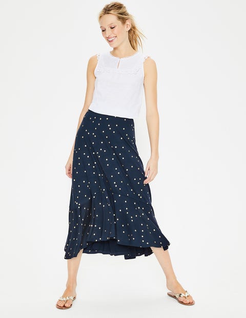 Fluted Hem Jersey Skirt - Navy Foil Spot Fluted Hem Jersey Skirt - Navy Foil Spot
