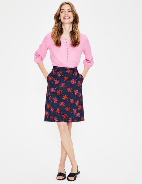 Printed Cotton A-Line Skirt - Navy, Holiday Palm Scattered Printed Cotton A-Line Skirt - Navy, Holiday Palm Scattered