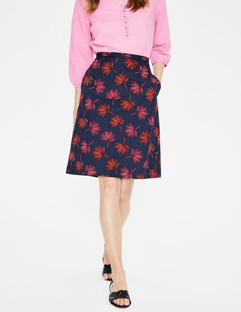 Printed Cotton A-Line Skirt - Navy, Holiday Palm Scattered Printed Cotton A-Line Skirt - Navy, Holiday Palm Scattered