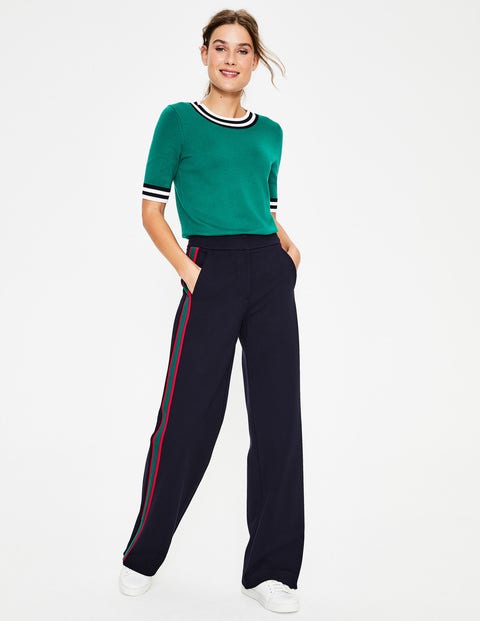 Wells Wide Leg Ponte Trousers - Navy With Forest Stripe Wells Wide Leg Ponte Trousers - Navy With Forest Stripe