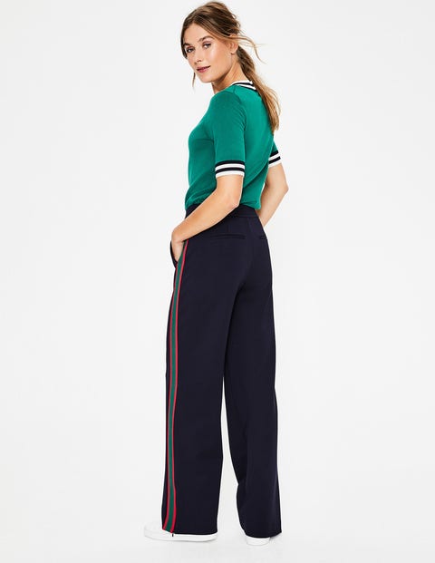 Wells Wide Leg Ponte Trousers - Navy With Forest Stripe Wells Wide Leg Ponte Trousers - Navy With Forest Stripe
