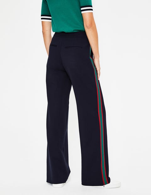 Wells Wide Leg Ponte Trousers - Navy With Forest Stripe Wells Wide Leg Ponte Trousers - Navy With Forest Stripe