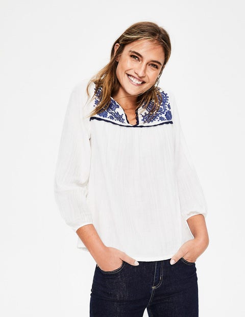 Abigail Embroidered Top - White with Blue Embroidery