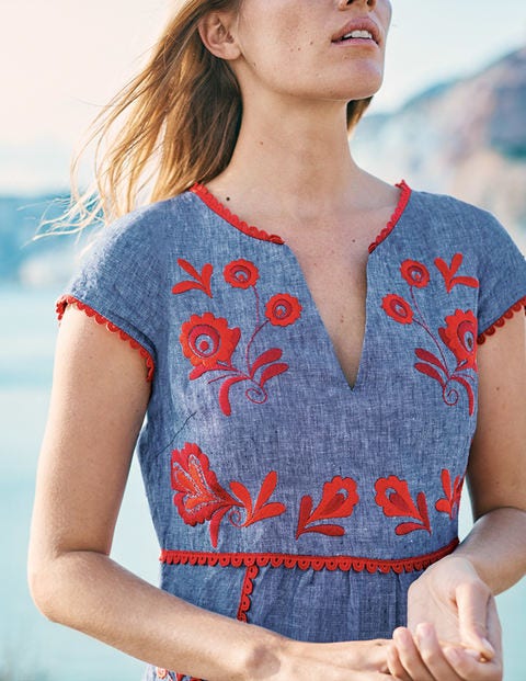 Bea Linen Embroidered Dress - Chambray & Red Pop Embroidery Bea Linen Embroidered Dress - Chambray & Red Pop Embroidery