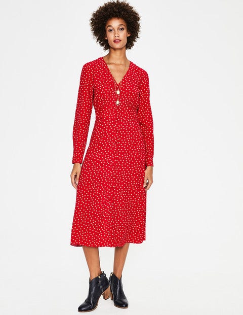 Elsie Midikleid - Weihnachtssternrot, Zufällige Marken-Tupfen Elsie Midikleid - Weihnachtssternrot, Zufällige Marken-Tupfen