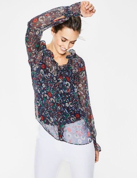 Stephanie Silk Blouse - Navy Folk Meadow Stephanie Silk Blouse - Navy Folk Meadow