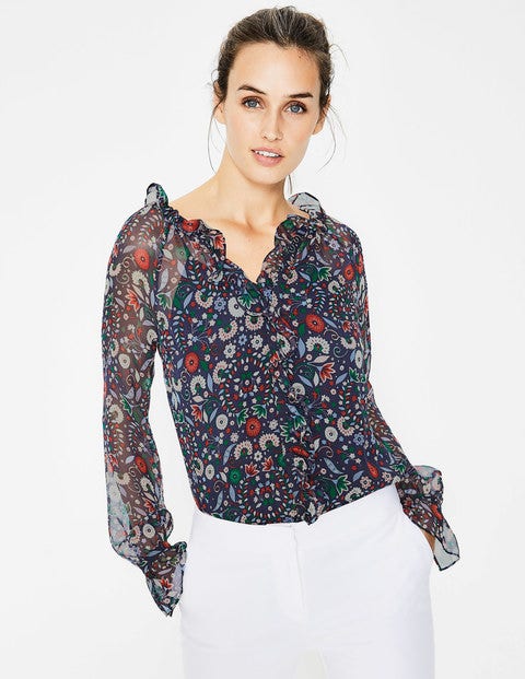 Stephanie Silk Blouse - Navy Folk Meadow Stephanie Silk Blouse - Navy Folk Meadow