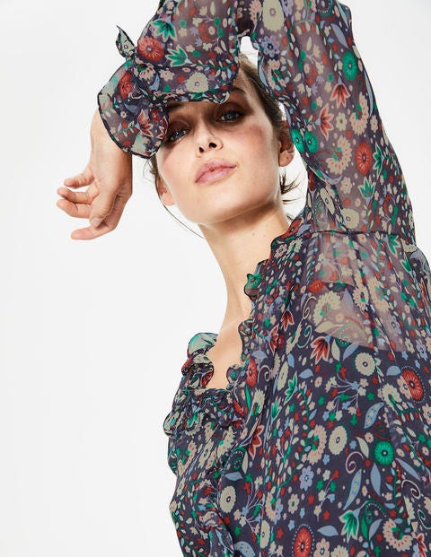 Stephanie Silk Blouse - Navy Folk Meadow Stephanie Silk Blouse - Navy Folk Meadow