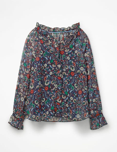 Stephanie Silk Blouse - Navy Folk Meadow Stephanie Silk Blouse - Navy Folk Meadow
