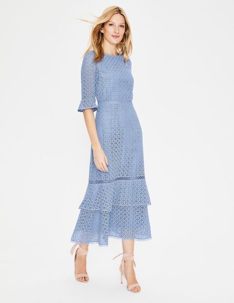 blue lace midi dress with sleeves