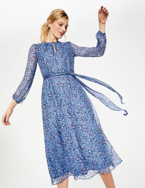 Kyra Silk Midi Dress - Hazy Blue Floral Bloom Kyra Silk Midi Dress - Hazy Blue Floral Bloom
