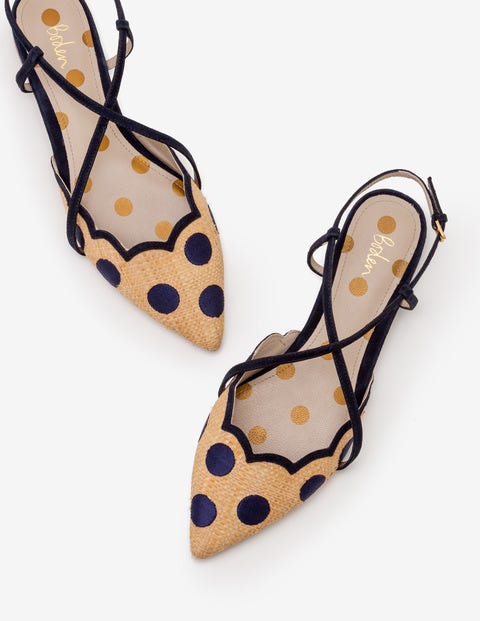 Chaussures Christina Ouvertes À L'arrière - Pois bleu marine et raphia Chaussures Christina Ouvertes À L'arrière - Pois bleu marine et raphia