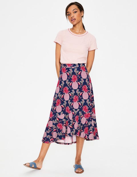 Fluted Hem Jersey Skirt - Navy Tropical Pineapple Fluted Hem Jersey Skirt - Navy Tropical Pineapple
