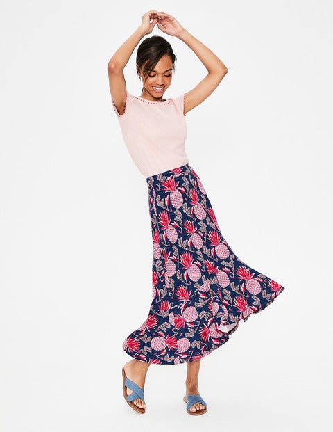Fluted Hem Jersey Skirt - Navy Tropical Pineapple Fluted Hem Jersey Skirt - Navy Tropical Pineapple