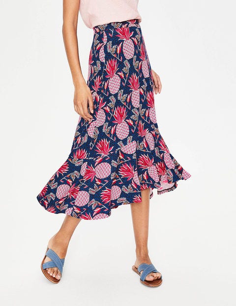 Fluted Hem Jersey Skirt - Navy Tropical Pineapple Fluted Hem Jersey Skirt - Navy Tropical Pineapple