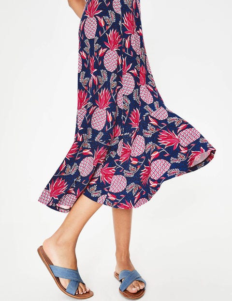 Fluted Hem Jersey Skirt - Navy Tropical Pineapple Fluted Hem Jersey Skirt - Navy Tropical Pineapple