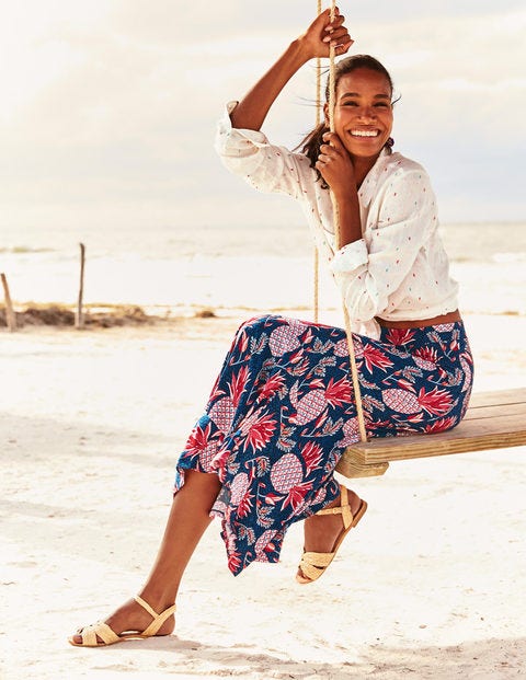 Fluted Hem Jersey Skirt - Navy Tropical Pineapple Fluted Hem Jersey Skirt - Navy Tropical Pineapple
