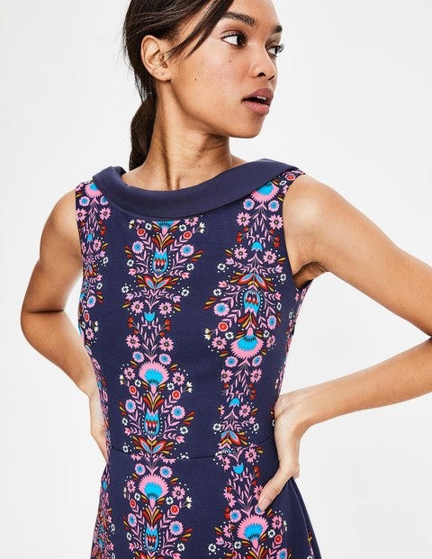 Aria Ponte Midi Dress - Navy Carnival Floral Stripe Aria Ponte Midi Dress - Navy Carnival Floral Stripe