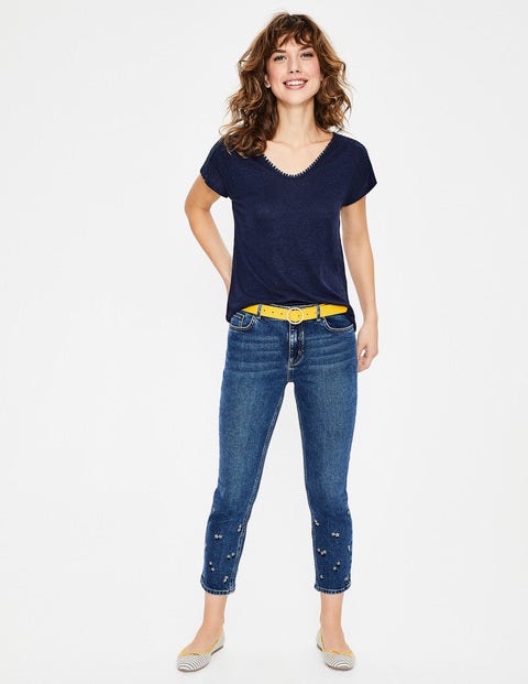 Leinenshirt Mit Abgerundetem V-Ausschnitt - Navy Leinenshirt Mit Abgerundetem V-Ausschnitt - Navy
