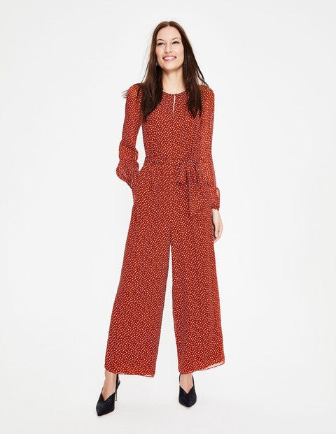 Hermione Jumpsuit aus Seide - Kastanienbraun und Naturweiß, Marken-Tupfen Hermione Jumpsuit aus Seide - Kastanienbraun und Naturweiß, Marken-Tupfen