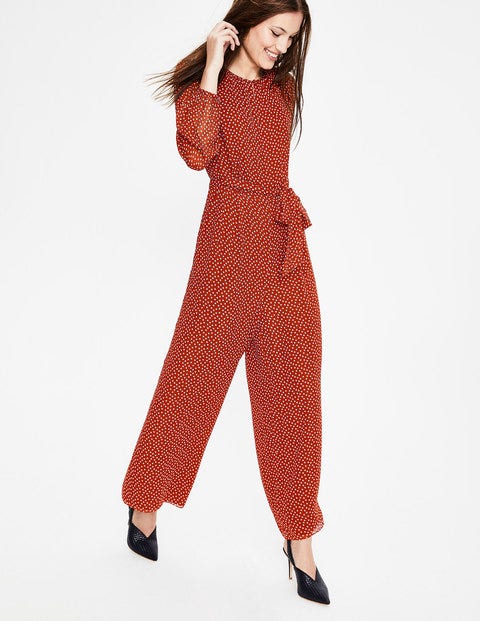 Hermione Jumpsuit aus Seide - Kastanienbraun und Naturweiß, Marken-Tupfen Hermione Jumpsuit aus Seide - Kastanienbraun und Naturweiß, Marken-Tupfen