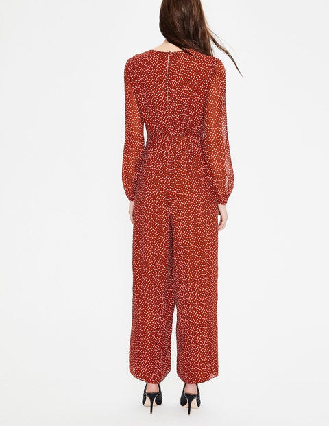 Hermione Jumpsuit aus Seide - Kastanienbraun und Naturweiß, Marken-Tupfen Hermione Jumpsuit aus Seide - Kastanienbraun und Naturweiß, Marken-Tupfen