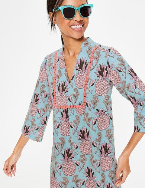 Evangeline Linen Tunic - Heron Blue Tropical Fruit Evangeline Linen Tunic - Heron Blue Tropical Fruit