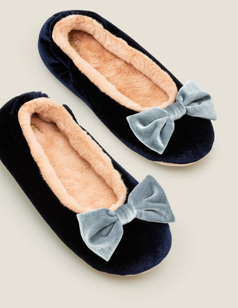 Cosy Velvet Bow Slippers - Navy Cosy Velvet Bow Slippers - Navy