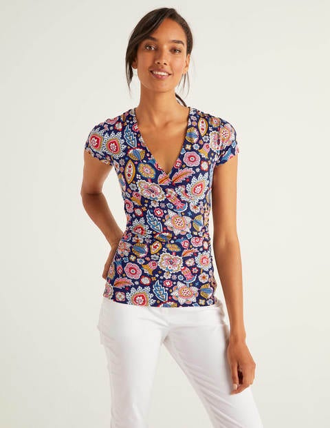 Short Sleeve Jersey Wrap Top - French Navy, Festival Paisley Short Sleeve Jersey Wrap Top - French Navy, Festival Paisley