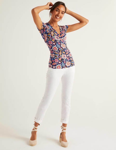 Short Sleeve Jersey Wrap Top - French Navy, Festival Paisley Short Sleeve Jersey Wrap Top - French Navy, Festival Paisley